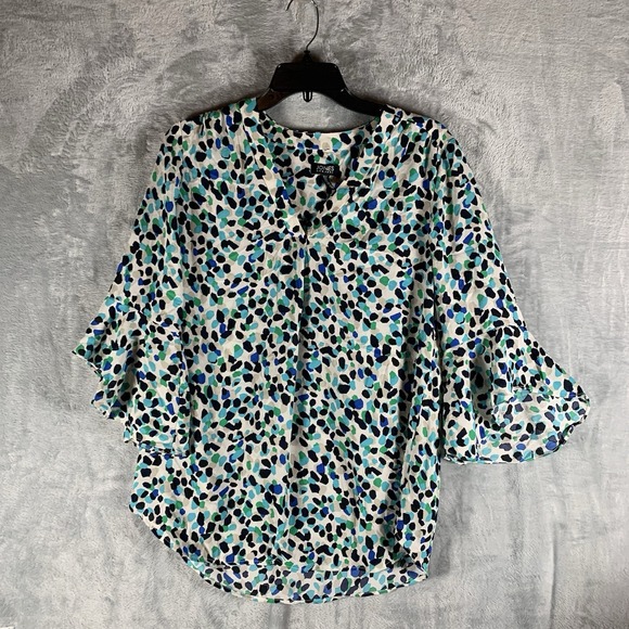 Jones New York Women's Tunic Top S Multi Dot Abstract Bell Sleeve V Neck - Picture 1 of 9